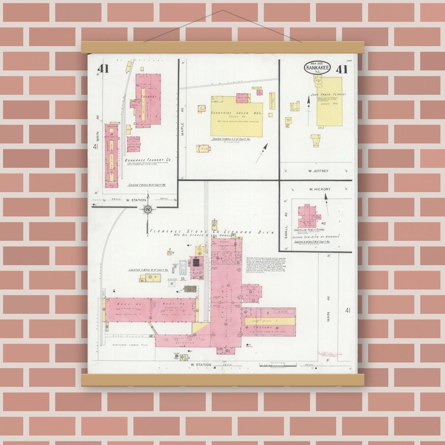 Old map wall art mockup — magnetic wood frame on brick wall — Sanborn Fire Insurance Map from Kankakee, Kankakee County, Illinois (1930), Sheet #0041