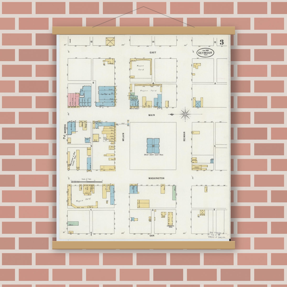 Old map wall art mockup — magnetic wood frame on brick wall — Sanborn Fire Insurance Map from Seymour, Baylor County, Texas (1898), Sheet #0003