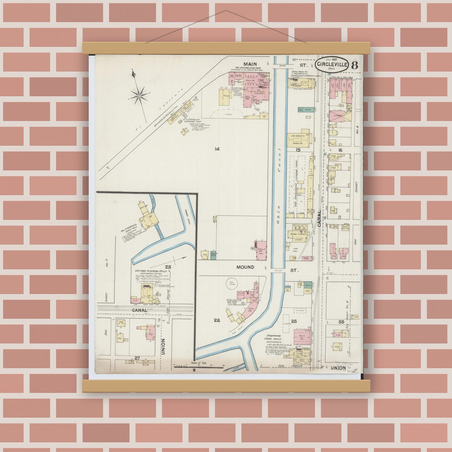 Old map wall art mockup — magnetic wood frame on brick wall — Sanborn Fire Insurance Map from Circleville, Pickaway County, Ohio (1889), Sheet #0008