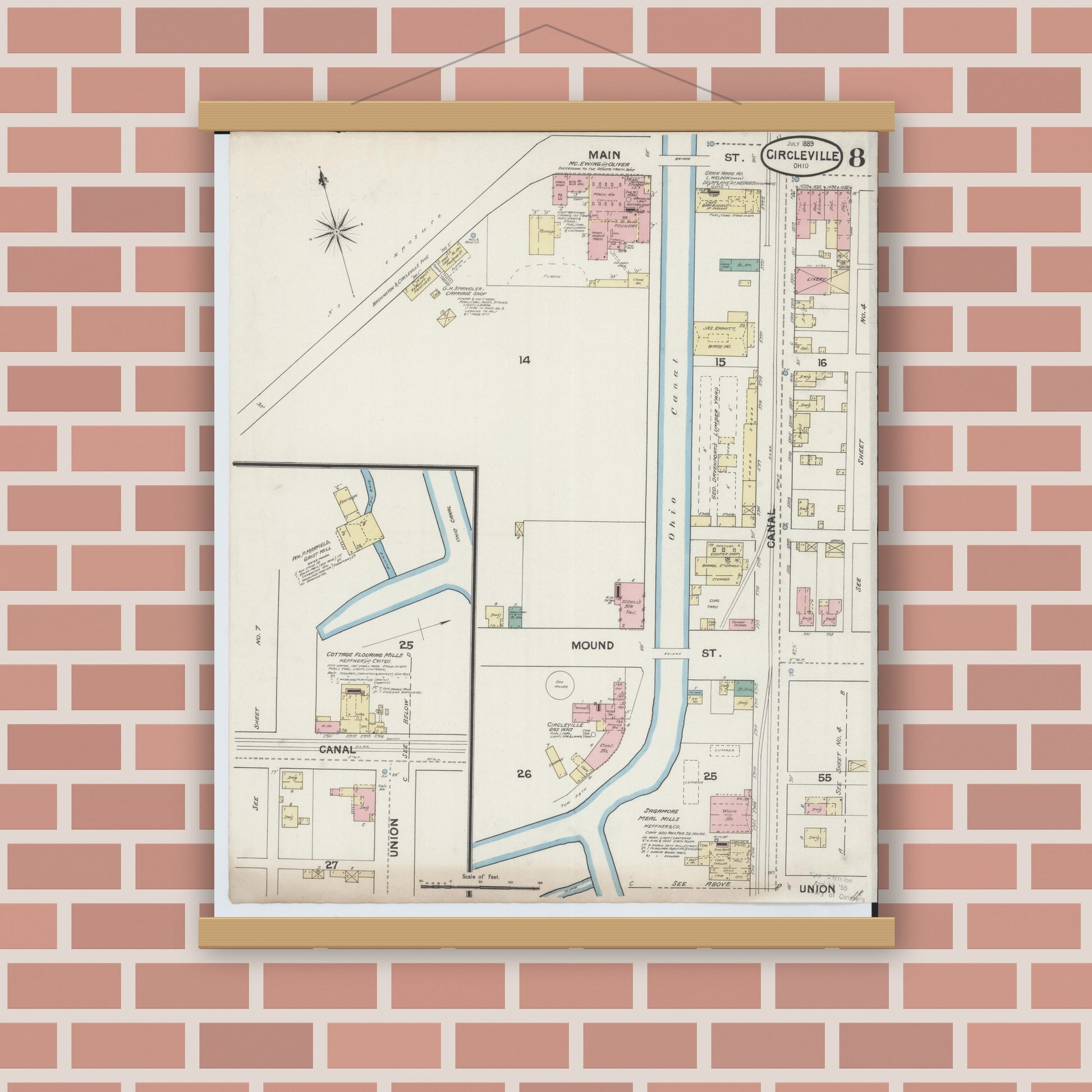Old map wall art mockup — magnetic wood frame on brick wall — Sanborn Fire Insurance Map from Circleville, Pickaway County, Ohio (1889), Sheet #0008