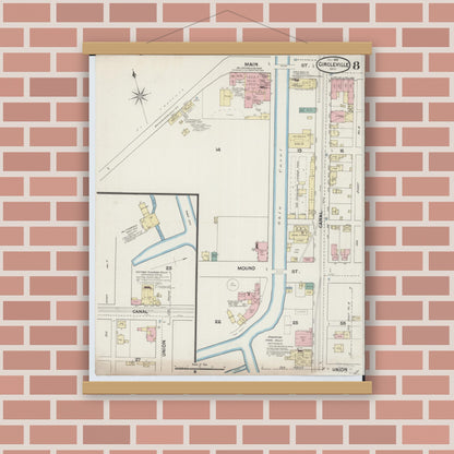 Old map wall art mockup — magnetic wood frame on brick wall — Sanborn Fire Insurance Map from Circleville, Pickaway County, Ohio (1889), Sheet #0008