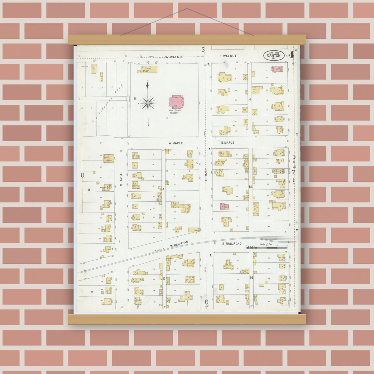 Old map wall art mockup — magnetic wood frame on brick wall — Sanborn Fire Insurance Map from Canton, Fulton County, Illinois (1902), Sheet #0004