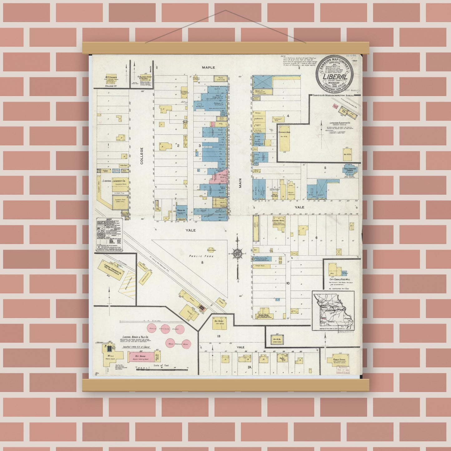 Old map wall art mockup — magnetic wood frame on brick wall — Sanborn Fire Insurance Map from Liberal, Barton County, Missouri (1914), Sheet #0001