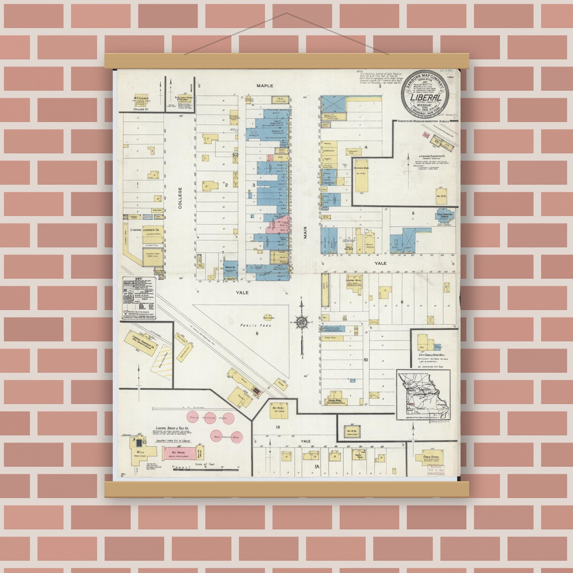 Old map wall art mockup — magnetic wood frame on brick wall — Sanborn Fire Insurance Map from Liberal, Barton County, Missouri (1914), Sheet #0001