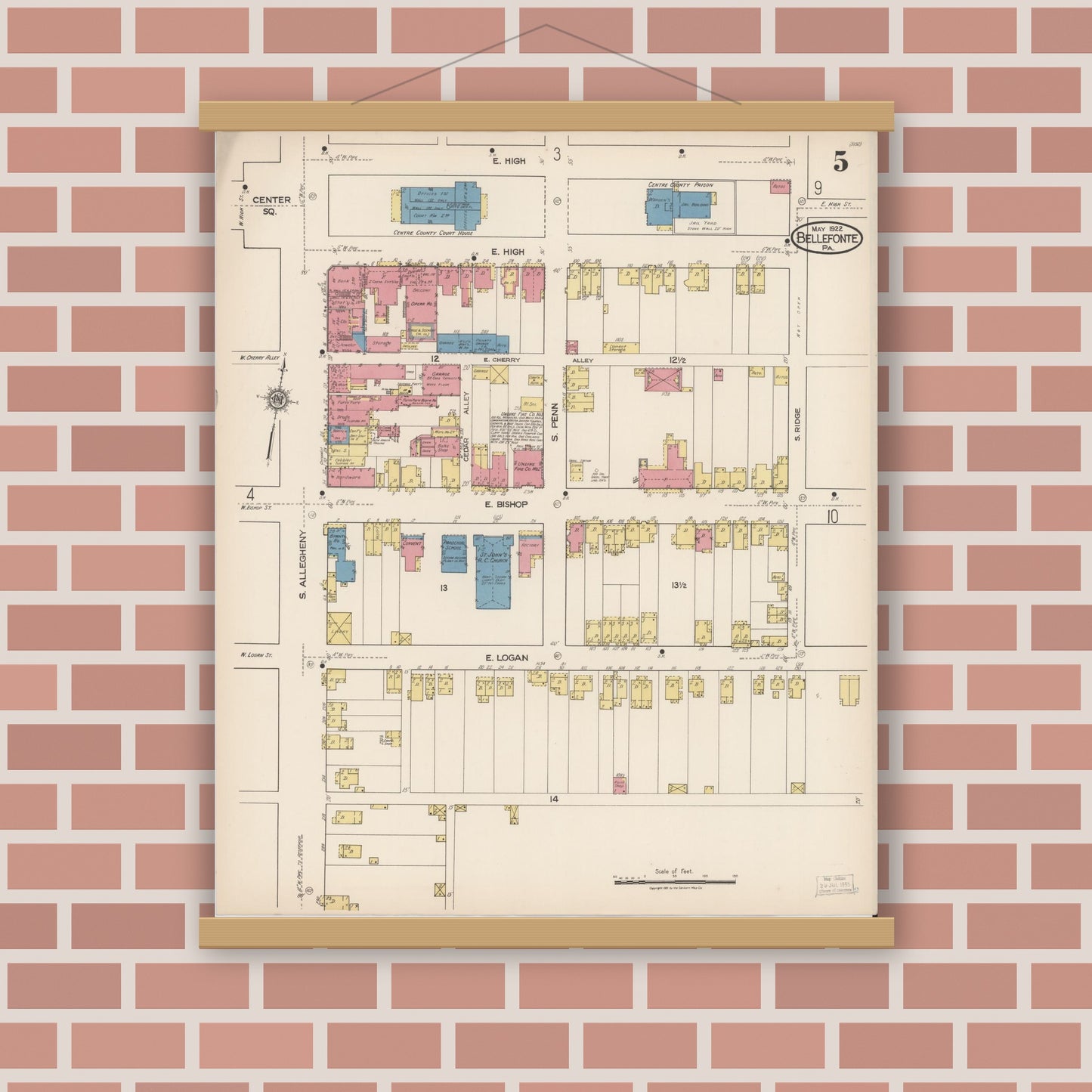 Old map wall art mockup — magnetic wood frame on brick wall — Sanborn Fire Insurance Map from Bellefonte, Centre County, Pennsylvania (1922), Sheet #0005