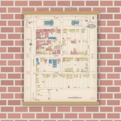 Old map wall art mockup — magnetic wood frame on brick wall — Sanborn Fire Insurance Map from Bellefonte, Centre County, Pennsylvania (1922), Sheet #0005