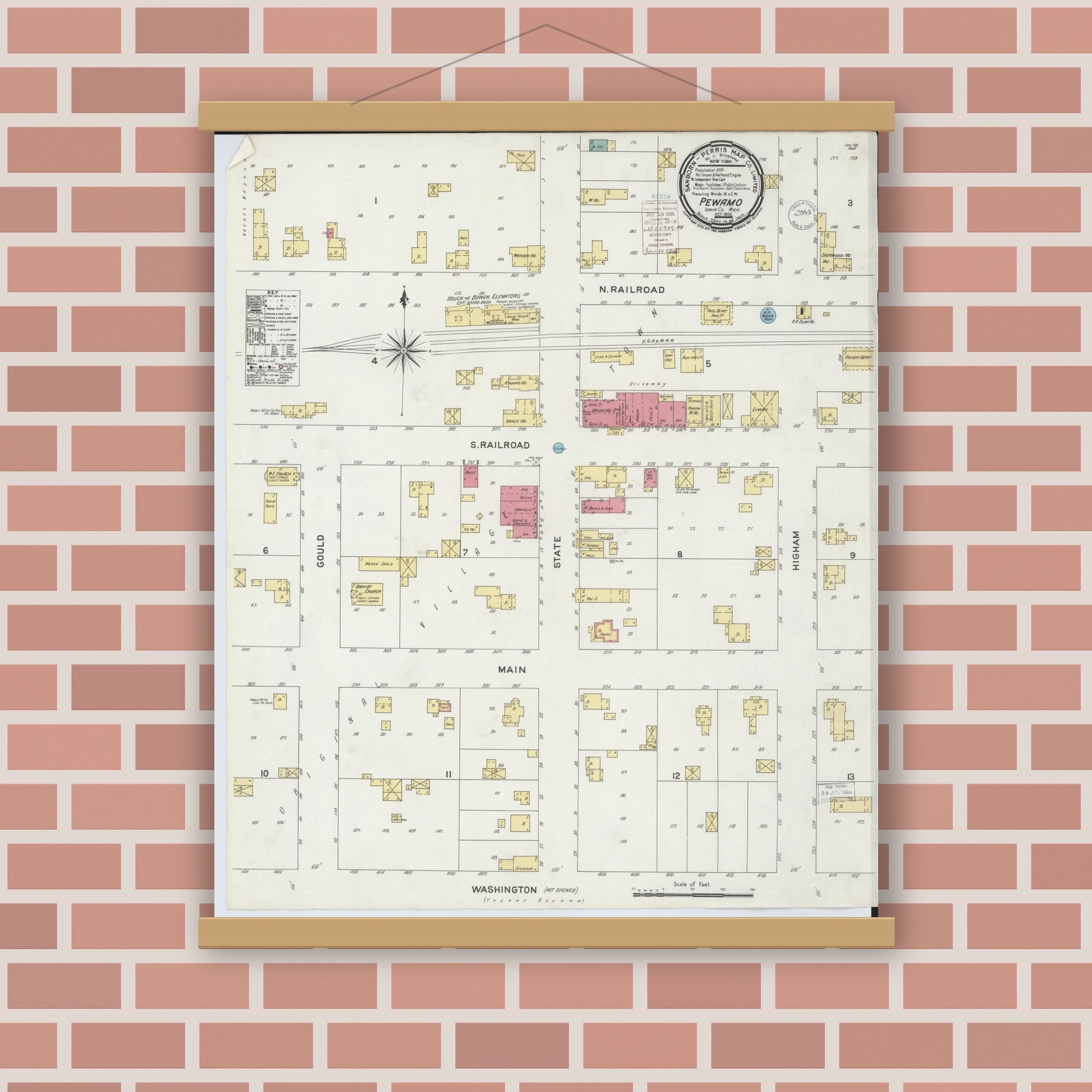 Old map wall art mockup — magnetic wood frame on brick wall — Sanborn Fire Insurance Map from Pewamo, Ionia County, Michigan (1900), Sheet #0001