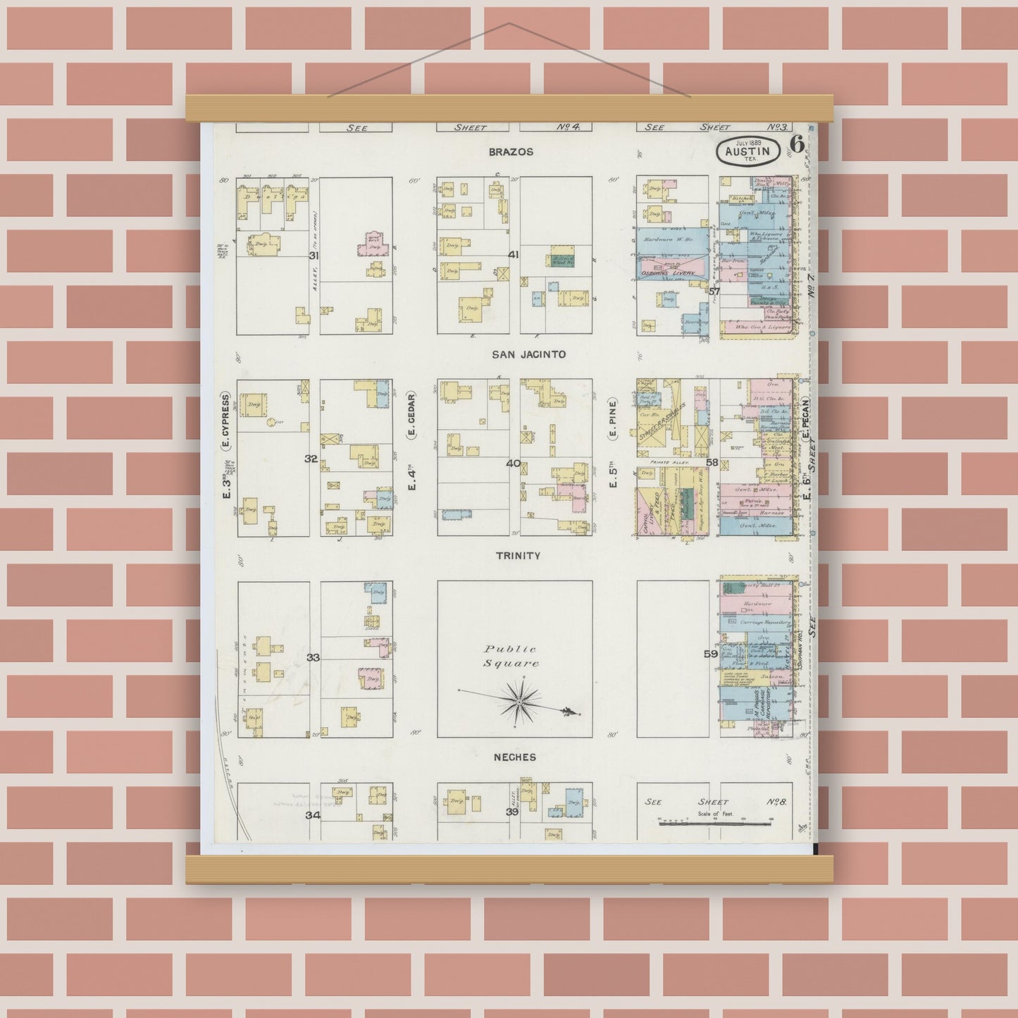 Old map wall art mockup — magnetic wood frame on brick wall — Sanborn Fire Insurance Map from Austin, Travis County, Texas (1889), Sheet #0006