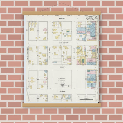 Old map wall art mockup — magnetic wood frame on brick wall — Sanborn Fire Insurance Map from Austin, Travis County, Texas (1889), Sheet #0006