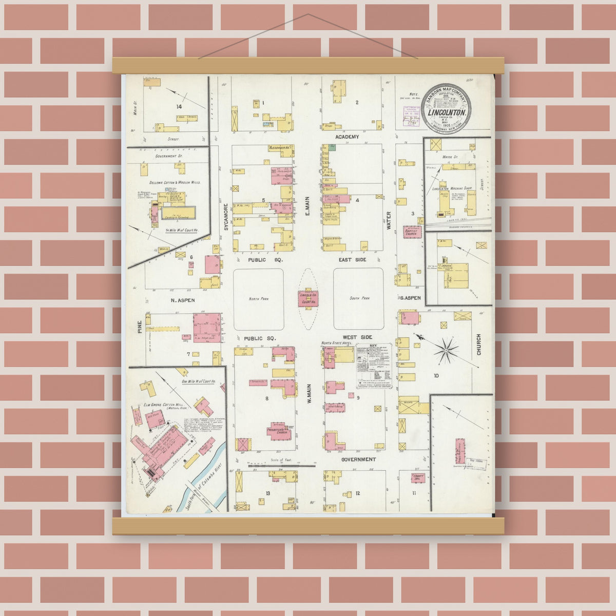 Old map wall art mockup — magnetic wood frame on brick wall — Sanborn Fire Insurance Map from Lincolnton, Lincoln County, North Carolina (1902), Sheet #0001
