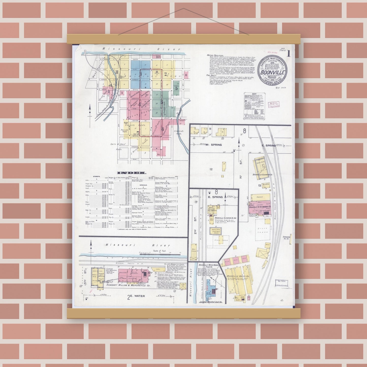 Old map wall art mockup — magnetic wood frame on brick wall — Sanborn Fire Insurance Map from Boonville, Cooper County, Missouri (1910) - Complete Map Set