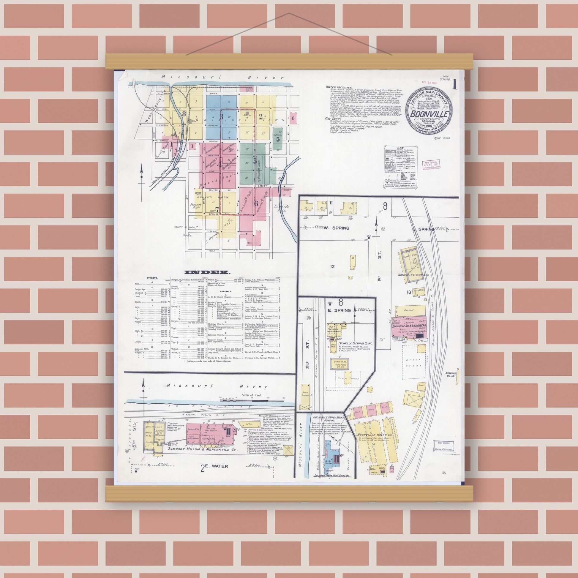 Old map wall art mockup — magnetic wood frame on brick wall — Sanborn Fire Insurance Map from Boonville, Cooper County, Missouri (1910) - Complete Map Set