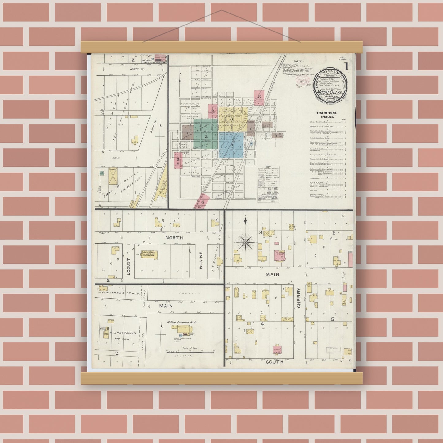 Old map wall art mockup — magnetic wood frame on brick wall — Sanborn Fire Insurance Map from Mount Olive, Macoupin County, Illinois (1894) - Complete Map Set