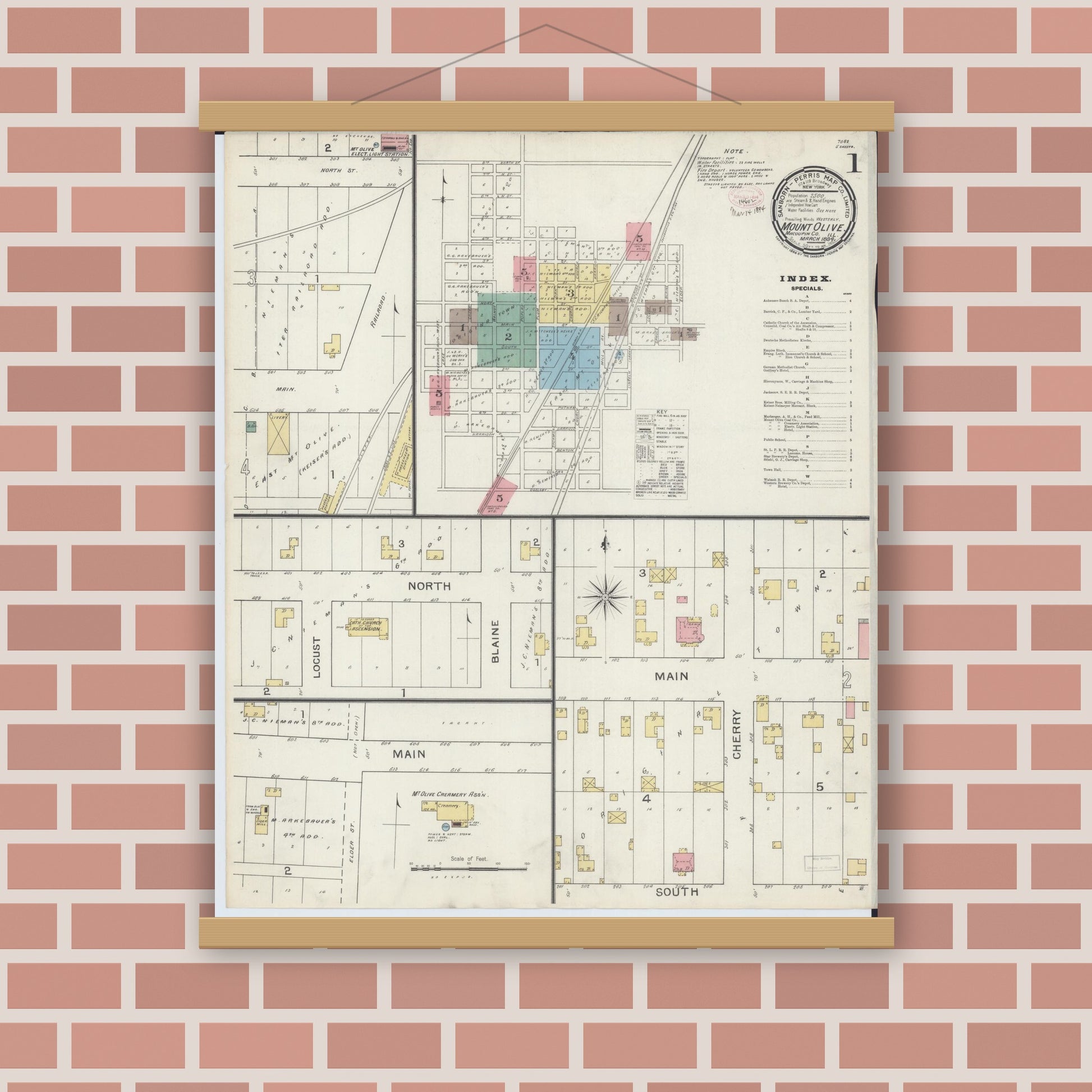 Old map wall art mockup — magnetic wood frame on brick wall — Sanborn Fire Insurance Map from Mount Olive, Macoupin County, Illinois (1894) - Complete Map Set