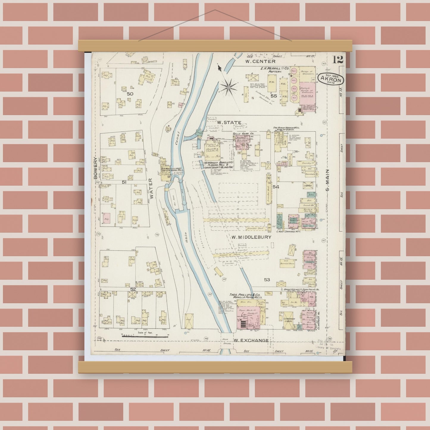 Old map wall art mockup — magnetic wood frame on brick wall — Sanborn Fire Insurance Map from Akron, Summit County, Ohio (1886), Sheet #0012