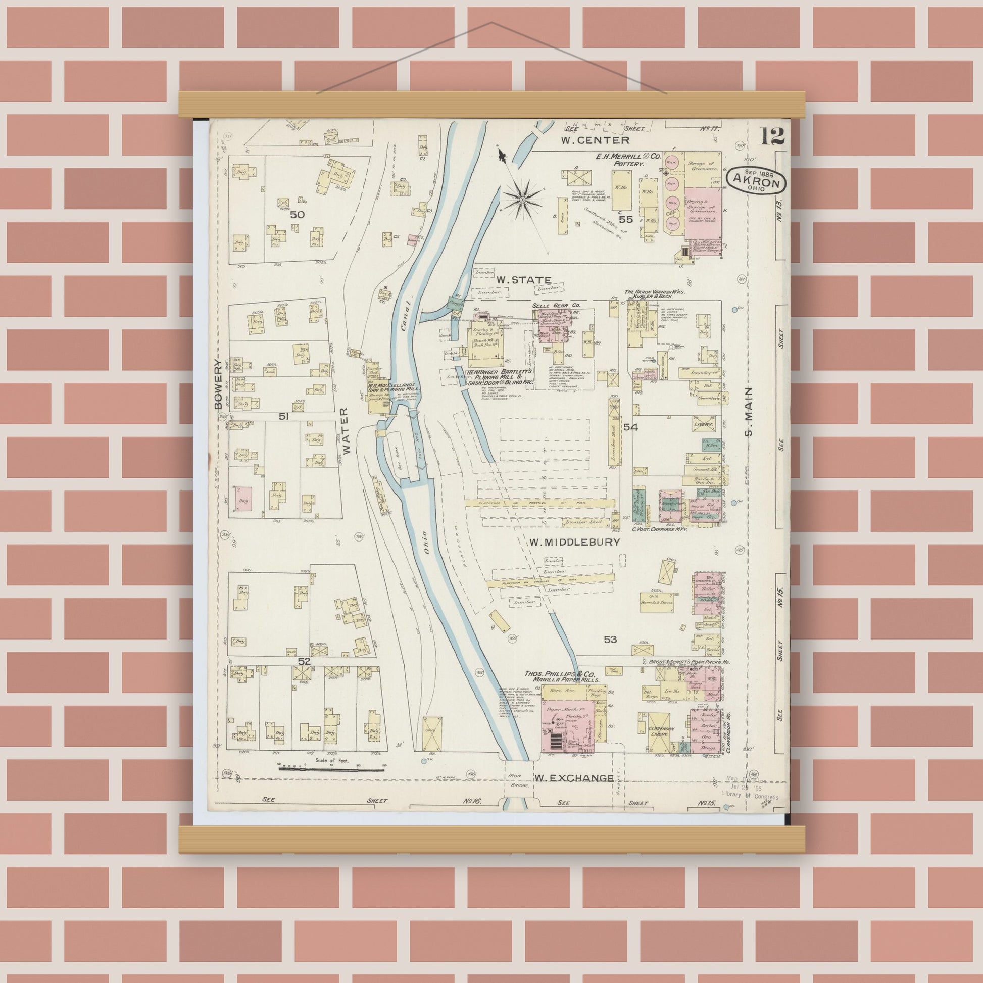 Old map wall art mockup — magnetic wood frame on brick wall — Sanborn Fire Insurance Map from Akron, Summit County, Ohio (1886), Sheet #0012