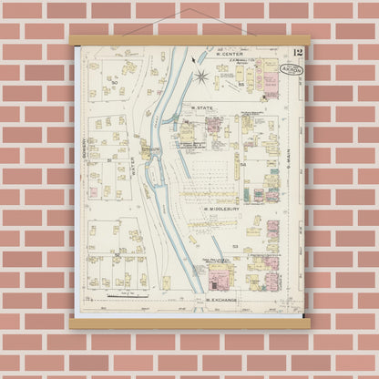 Old map wall art mockup — magnetic wood frame on brick wall — Sanborn Fire Insurance Map from Akron, Summit County, Ohio (1886), Sheet #0012