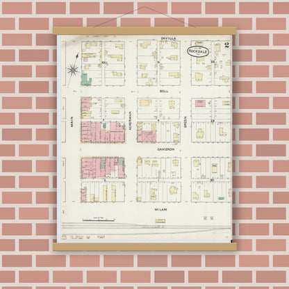 Old map wall art mockup — magnetic wood frame on brick wall — Sanborn Fire Insurance Map from Rockdale, Milam County, Texas (1891), Sheet #0002