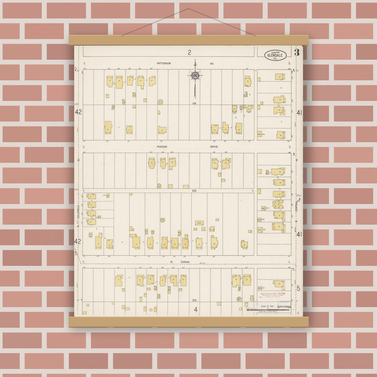 Old map wall art mockup — magnetic wood frame on brick wall — Sanborn Fire Insurance Map from Glendale, Los Angeles County, California (1919), Sheet #0003