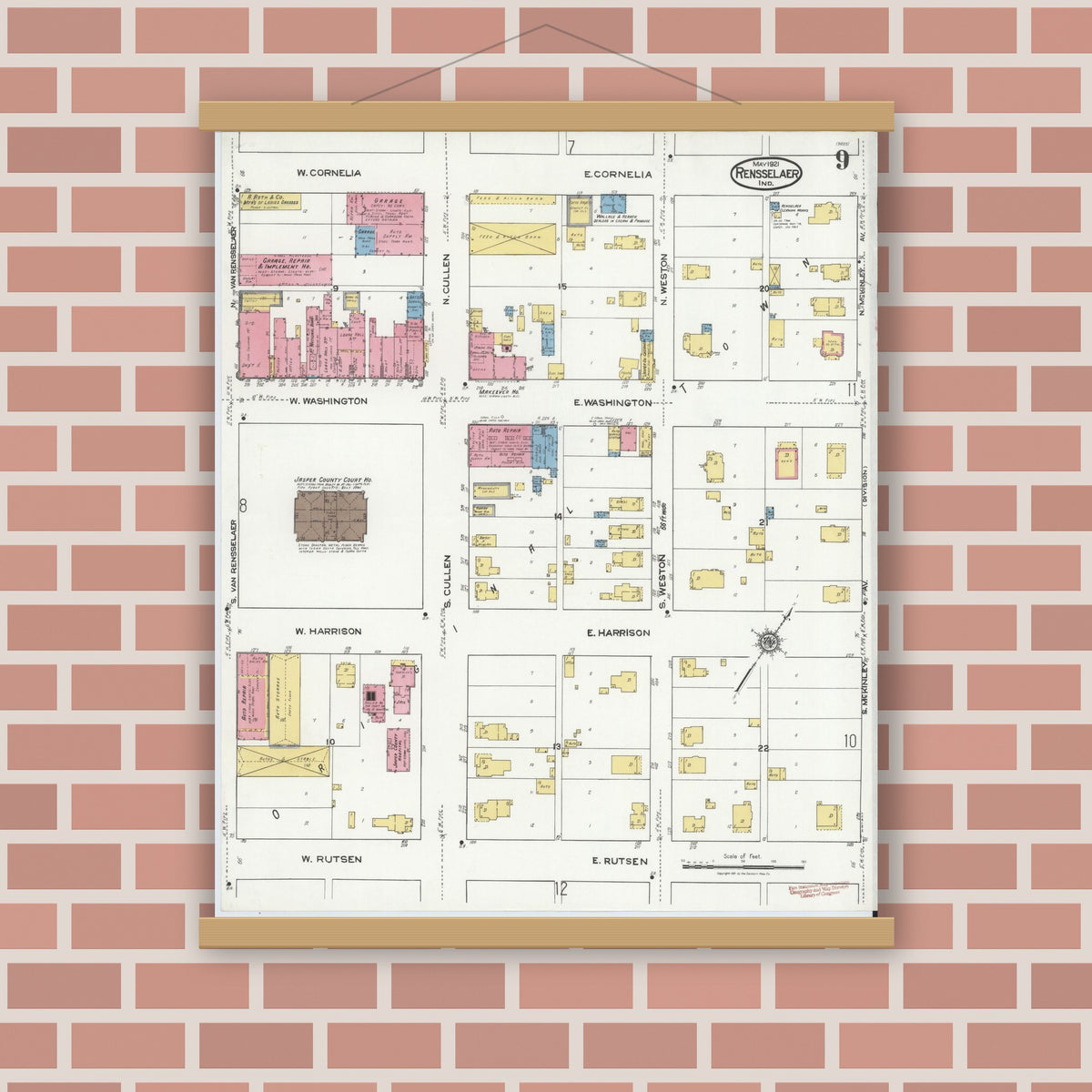 Old map wall art mockup — magnetic wood frame on brick wall — Sanborn Fire Insurance Map from Rensselaer, Jasper County, Indiana (1921), Sheet #0009