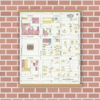 Old map wall art mockup — magnetic wood frame on brick wall — Sanborn Fire Insurance Map from Rensselaer, Jasper County, Indiana (1921), Sheet #0009