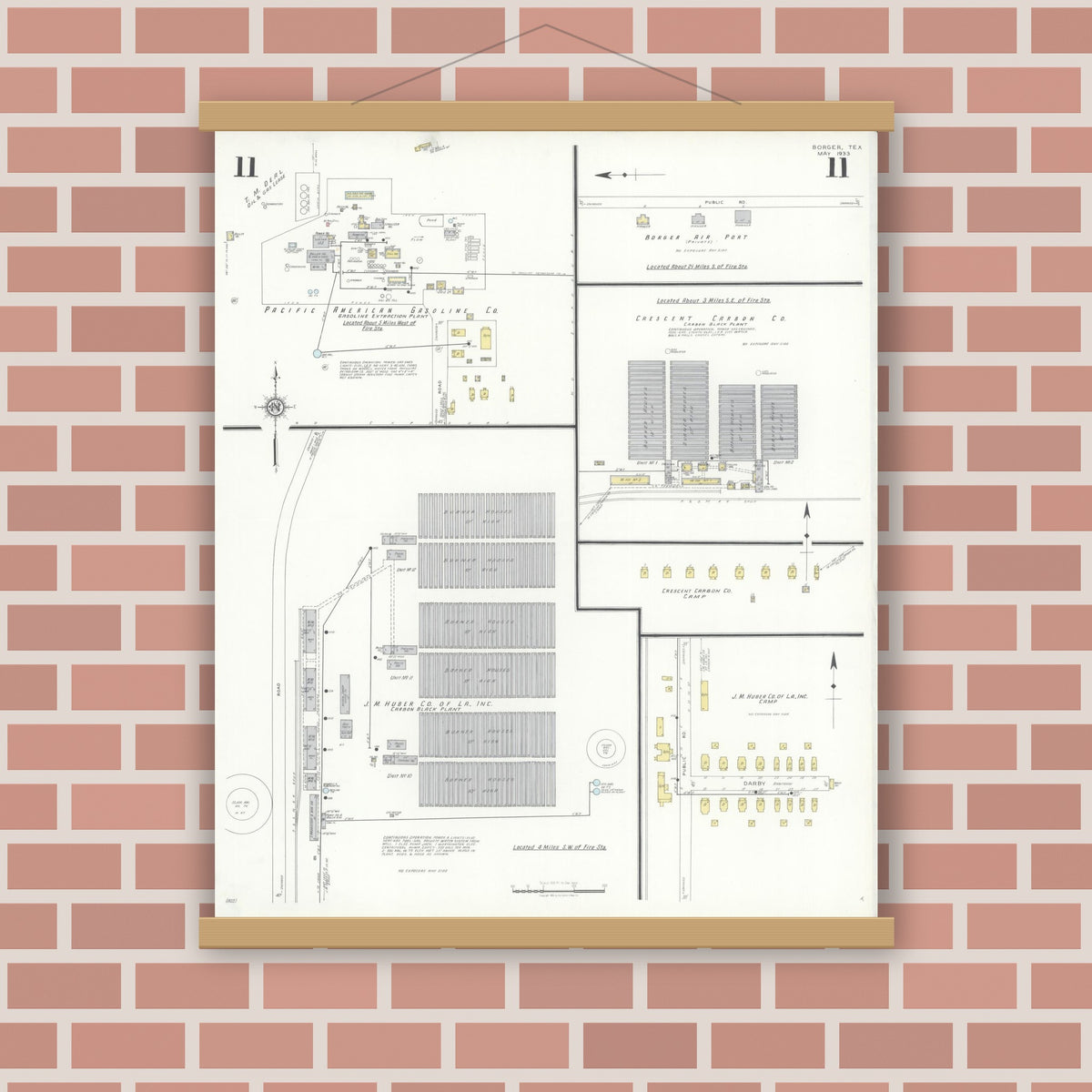 Old map wall art mockup — magnetic wood frame on brick wall — Sanborn Fire Insurance Map from Borger, Hutchinson County, Texas (1933), Sheet #0011