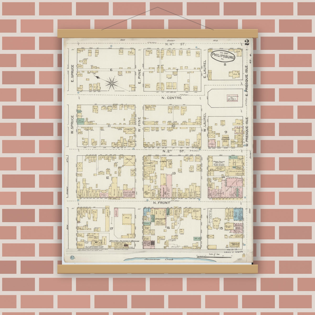 Old map wall art mockup — magnetic wood frame on brick wall — Sanborn Fire Insurance Map from Philipsburg, Centre County, Pennsylvania (1887), Sheet #0002