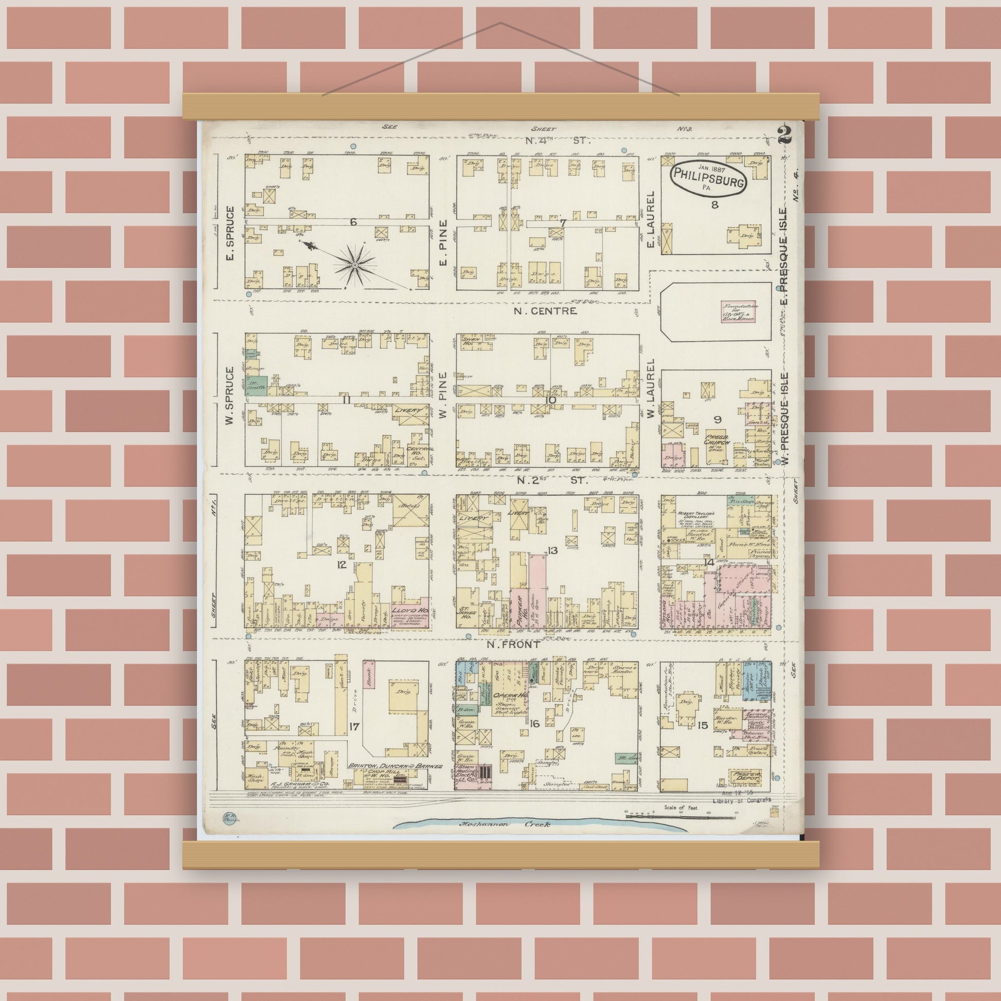 Old map wall art mockup — magnetic wood frame on brick wall — Sanborn Fire Insurance Map from Philipsburg, Centre County, Pennsylvania (1887), Sheet #0002