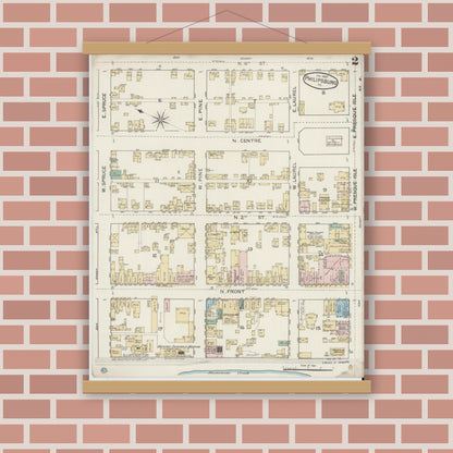 Old map wall art mockup — magnetic wood frame on brick wall — Sanborn Fire Insurance Map from Philipsburg, Centre County, Pennsylvania (1887), Sheet #0002