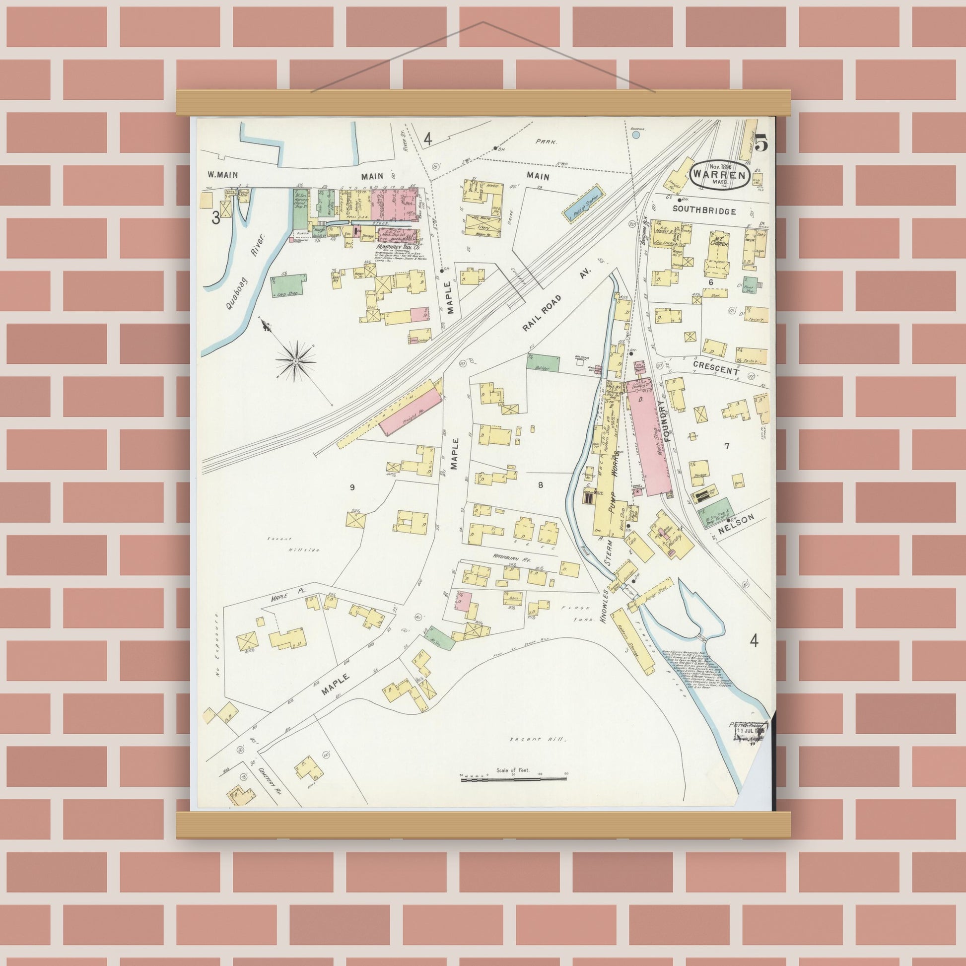 Old map wall art mockup — magnetic wood frame on brick wall — Sanborn Fire Insurance Map from Warren, Worcester County, Massachusetts (1896), Sheet #0005