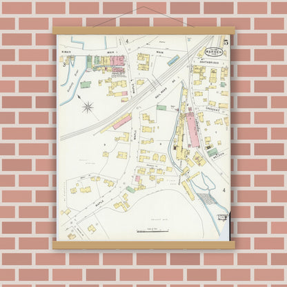 Old map wall art mockup — magnetic wood frame on brick wall — Sanborn Fire Insurance Map from Warren, Worcester County, Massachusetts (1896), Sheet #0005