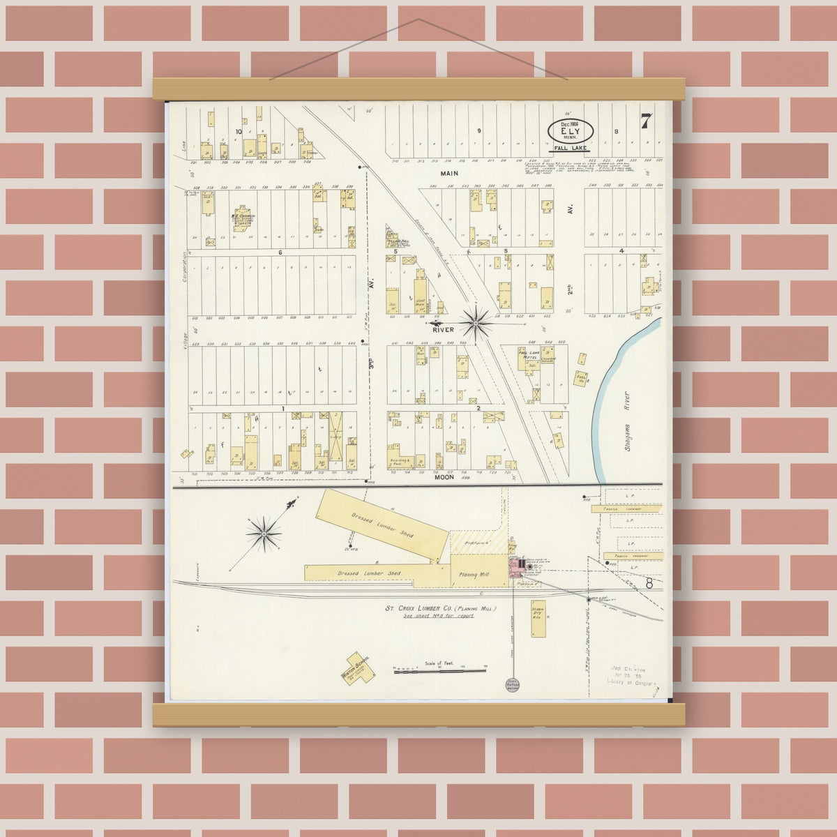 Old map wall art mockup — magnetic wood frame on brick wall — Sanborn Fire Insurance Map from Ely, Saint Louis County, Minnesota (1906), Sheet #0007