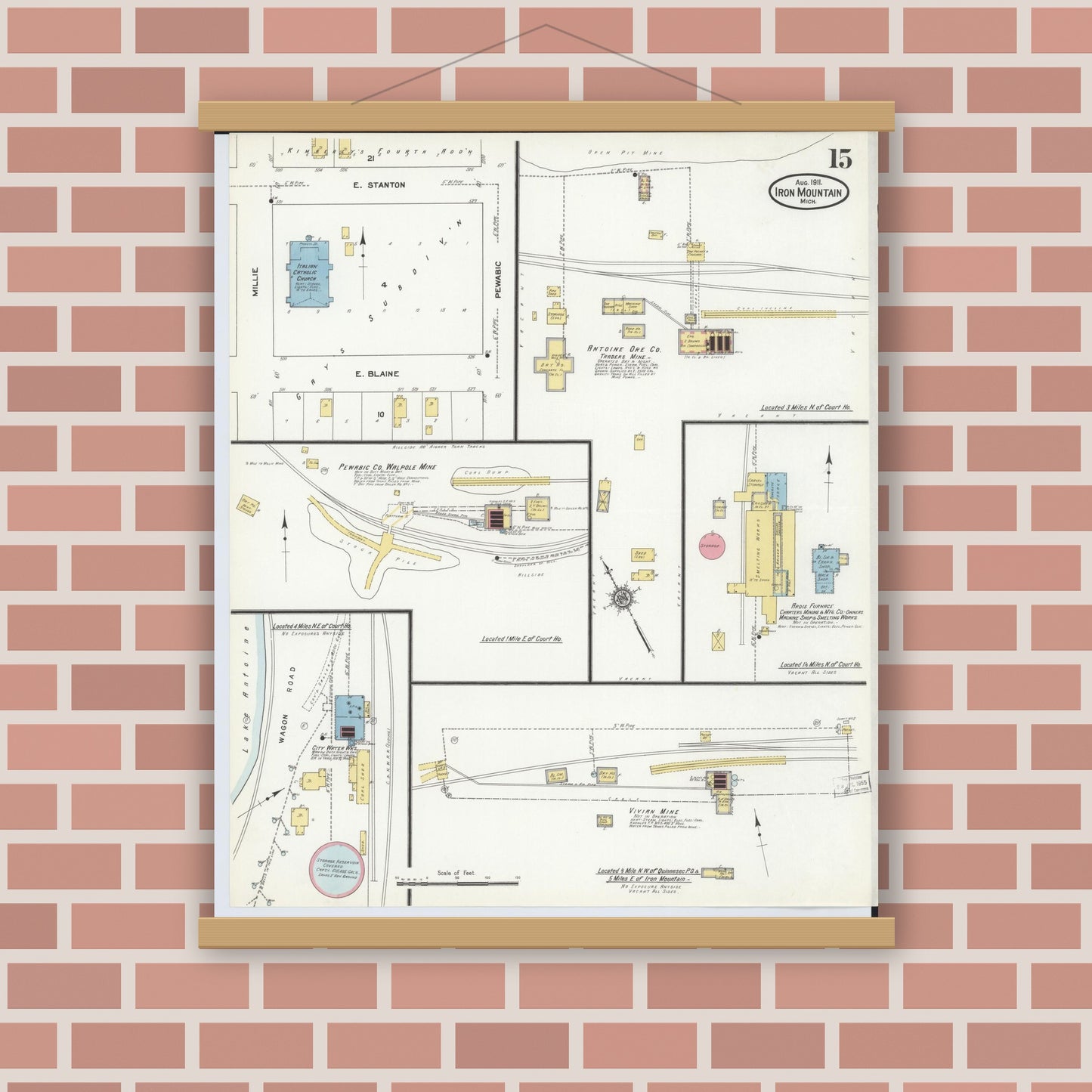 Old map wall art mockup — magnetic wood frame on brick wall — Sanborn Fire Insurance Map from Iron Mountain, Dickinson County, Michigan (1911), Sheet #0015