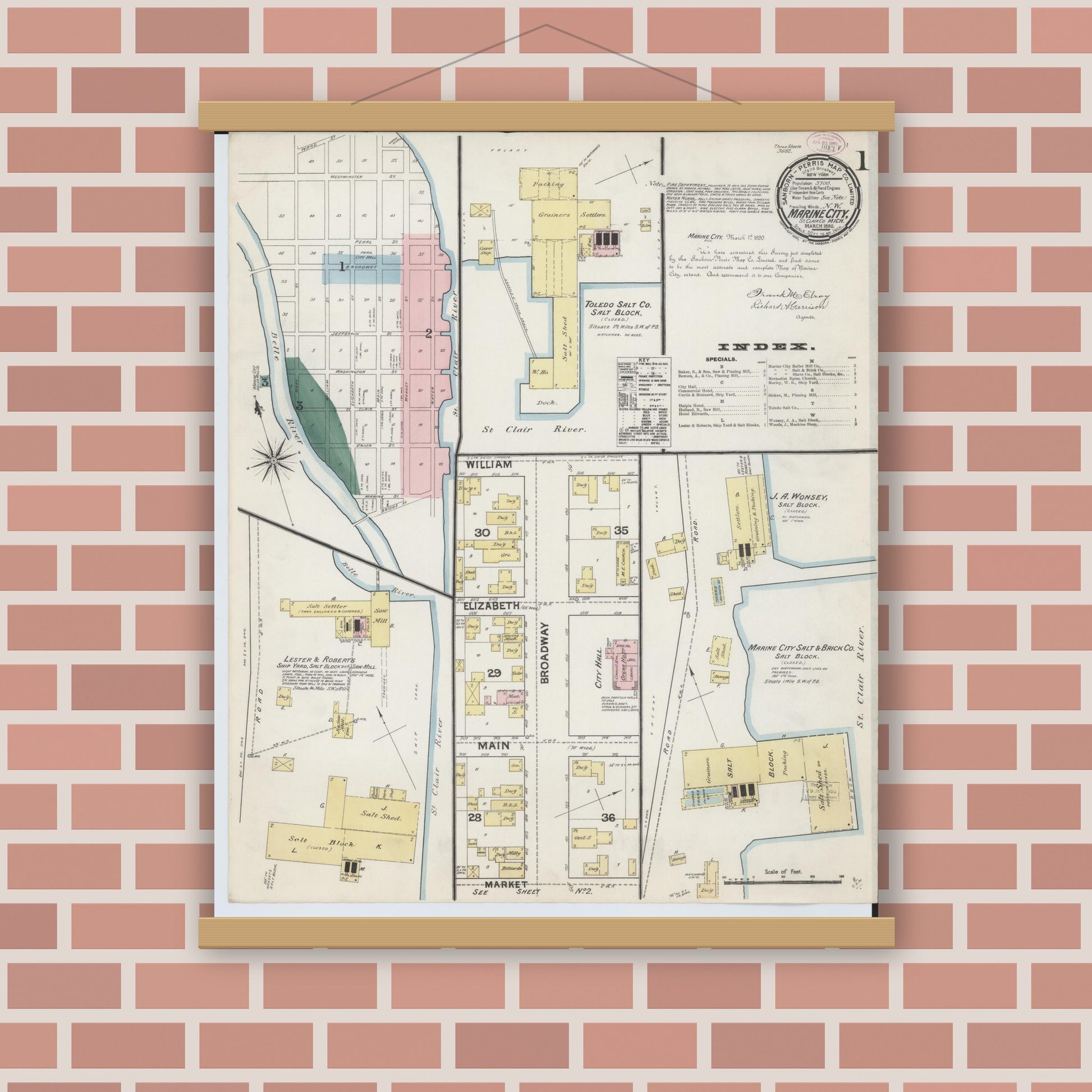 Old map wall art mockup — magnetic wood frame on brick wall — Sanborn Fire Insurance Map from Marine City, Saint Clair County, Michigan (1890) - Complete Map Set