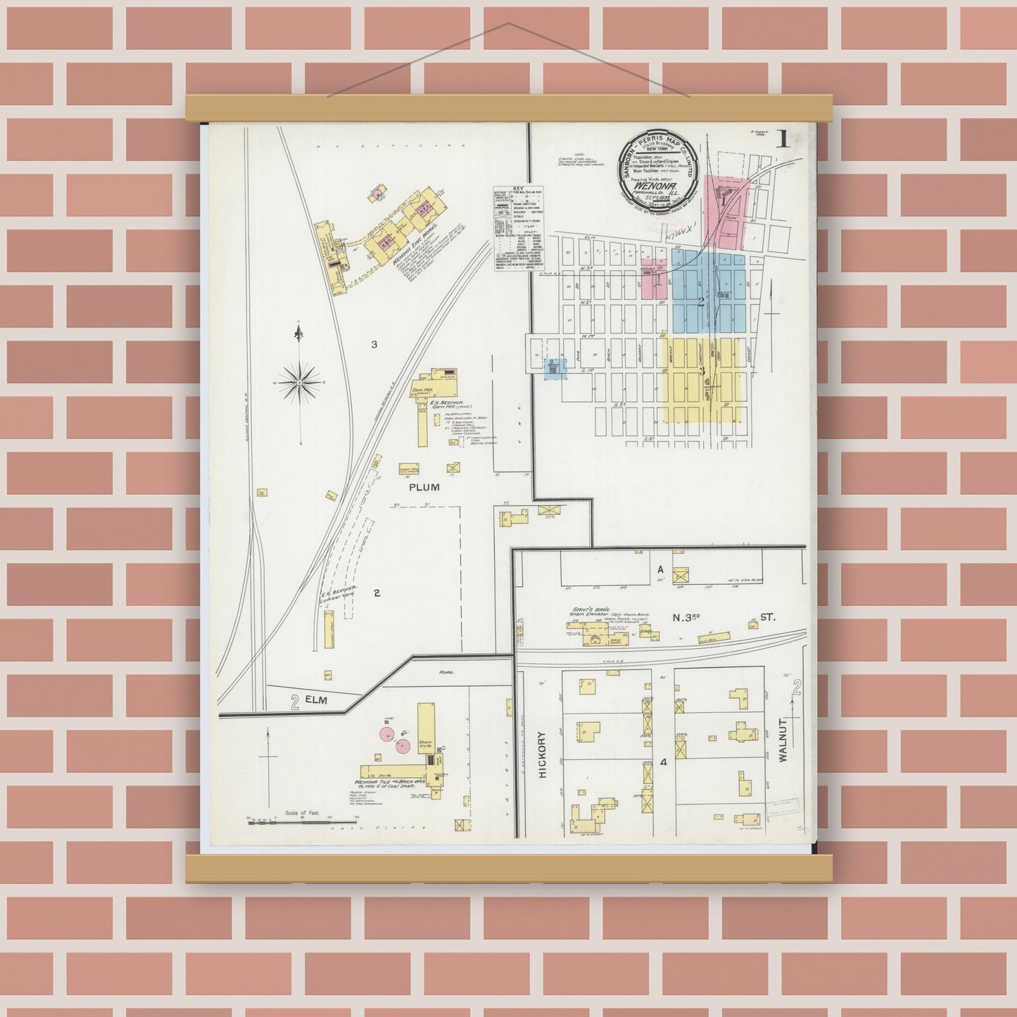 Old map wall art mockup — magnetic wood frame on brick wall — Sanborn Fire Insurance Map from Wenona, Marshall County, Illinois (1892), Sheet #0001