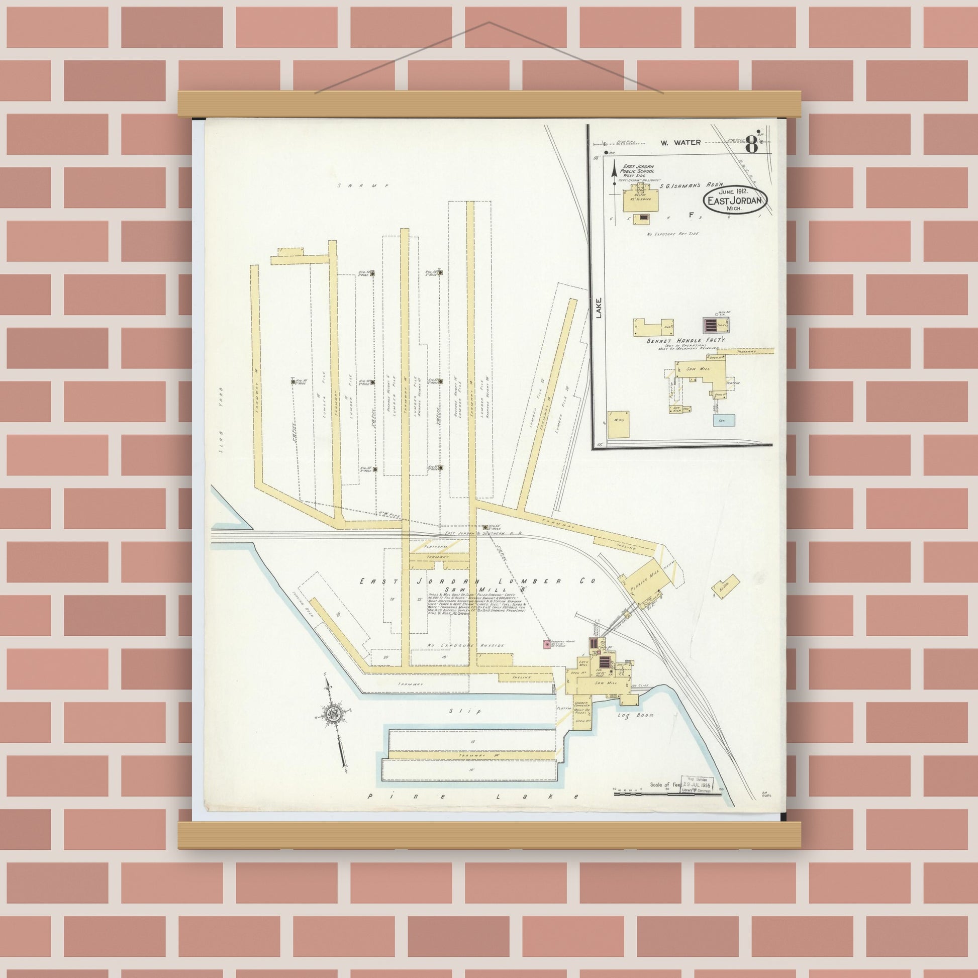 Old map wall art mockup — magnetic wood frame on brick wall — Sanborn Fire Insurance Map from East Jordan, Charlevoix County, Michigan (1912), Sheet #0008