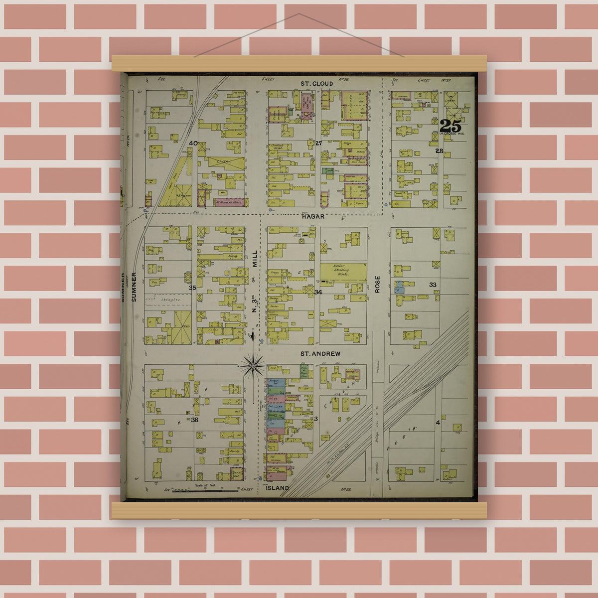 Old map wall art mockup — magnetic wood frame on brick wall — Sanborn Fire Insurance Map from La Crosse, La Crosse County, Wisconsin (1891), Sheet #0025