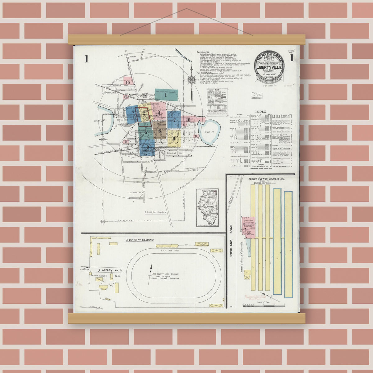 Old map wall art mockup — magnetic wood frame on brick wall — Sanborn Fire Insurance Map from Libertyville, Lake County, Illinois (1924), Sheet #0001