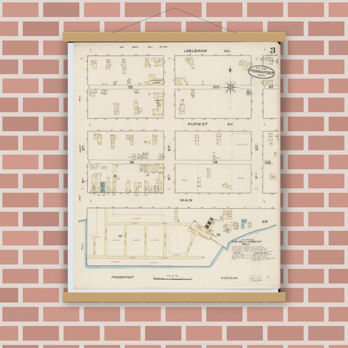 Old map wall art mockup — magnetic wood frame on brick wall — Sanborn Fire Insurance Map from Frankfort, Benzie County, Michigan (1885), Sheet #0003