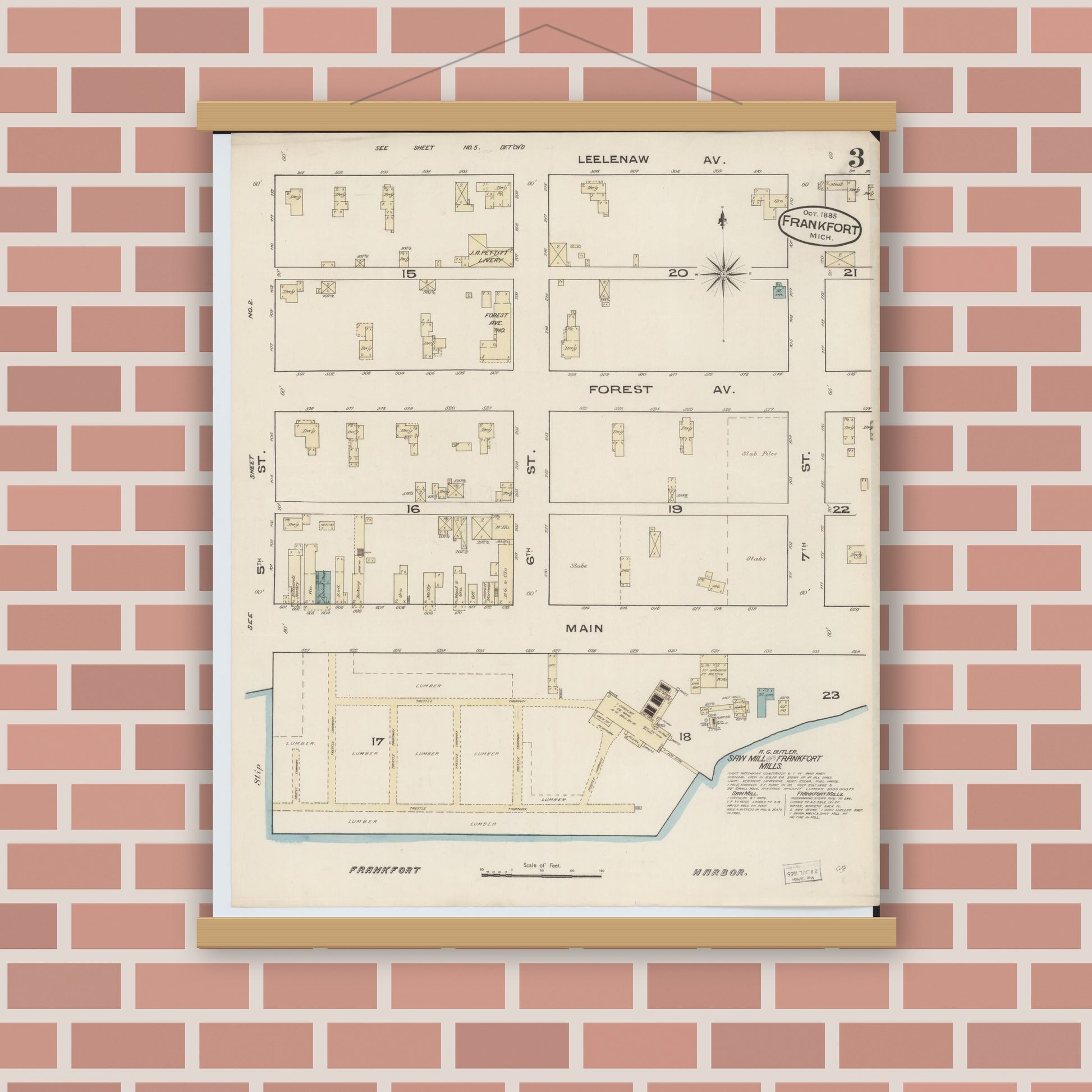 Old map wall art mockup — magnetic wood frame on brick wall — Sanborn Fire Insurance Map from Frankfort, Benzie County, Michigan (1885), Sheet #0003