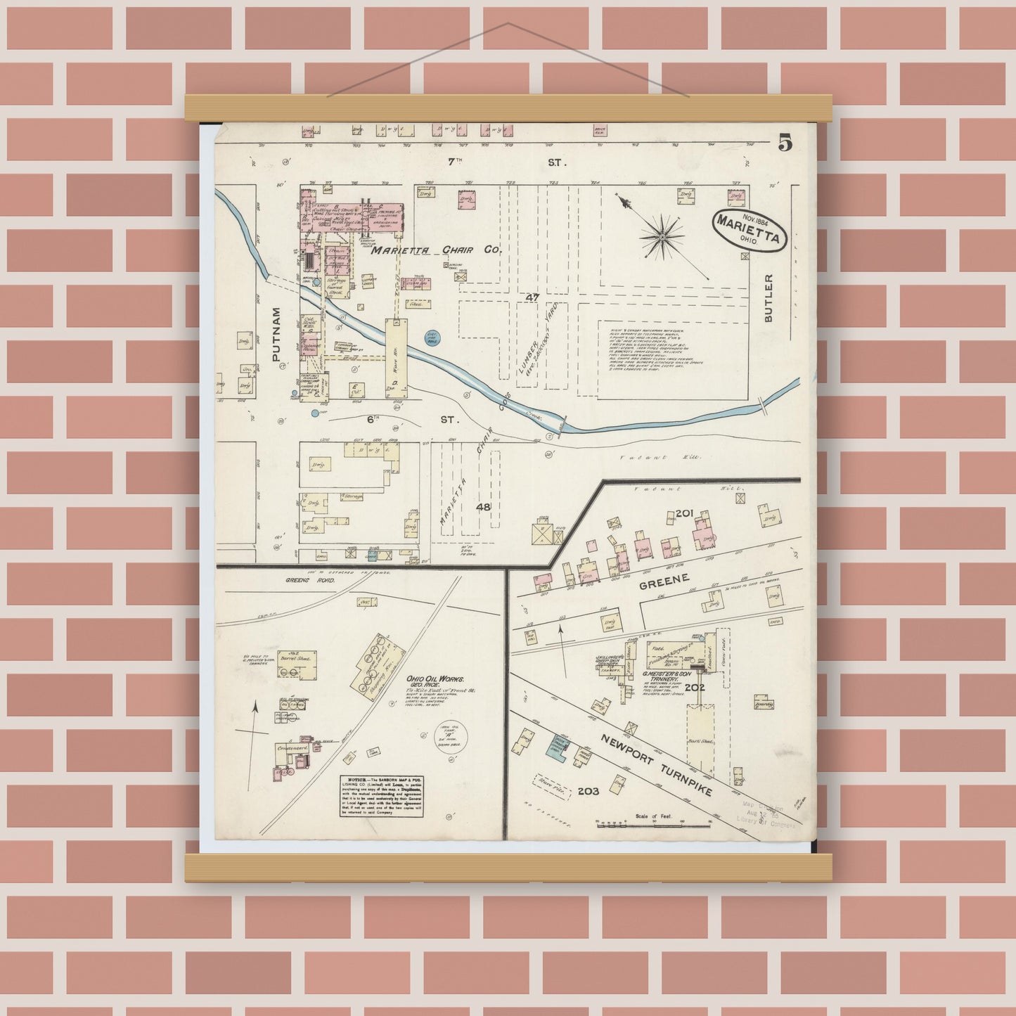 Old map wall art mockup — magnetic wood frame on brick wall — Sanborn Fire Insurance Map from Marietta, Washington County, Ohio (1884), Sheet #0005