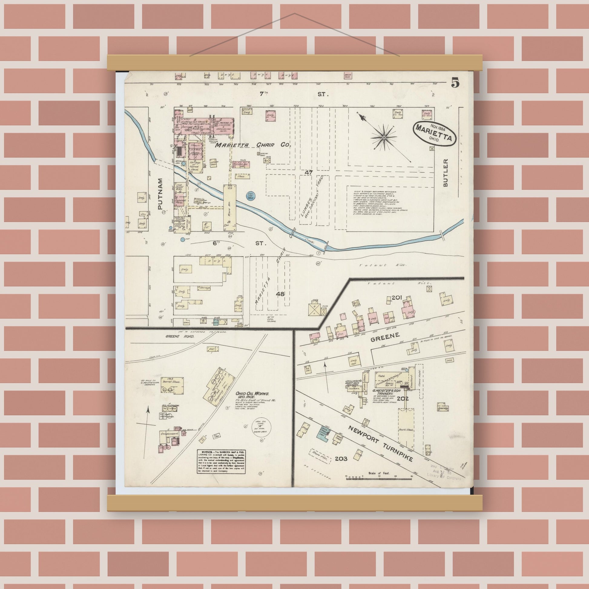 Old map wall art mockup — magnetic wood frame on brick wall — Sanborn Fire Insurance Map from Marietta, Washington County, Ohio (1884), Sheet #0005