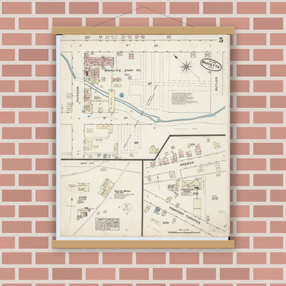 Old map wall art mockup — magnetic wood frame on brick wall — Sanborn Fire Insurance Map from Marietta, Washington County, Ohio (1884), Sheet #0005