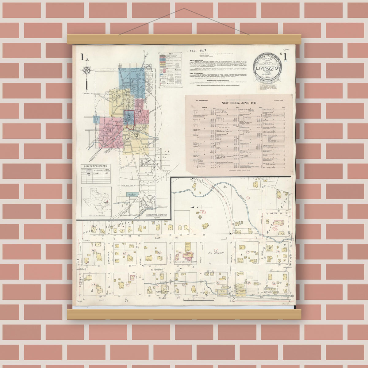 Old map wall art mockup — magnetic wood frame on brick wall — Sanborn Fire Insurance Map from Livingston, Polk County, Texas (1943) - Complete Map Set