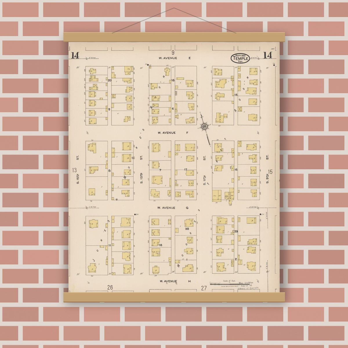 Old map wall art mockup — magnetic wood frame on brick wall — Sanborn Fire Insurance Map from Temple, Bell County, Texas (1922), Sheet #0014