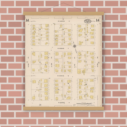 Old map wall art mockup — magnetic wood frame on brick wall — Sanborn Fire Insurance Map from Temple, Bell County, Texas (1922), Sheet #0014