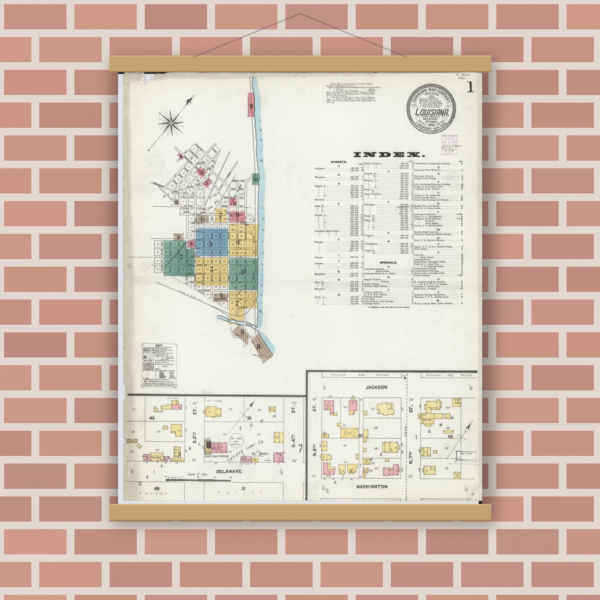 Old map wall art mockup — magnetic wood frame on brick wall — Sanborn Fire Insurance Map from Louisiana, Pike County, Missouri (1902) - Complete Map Set