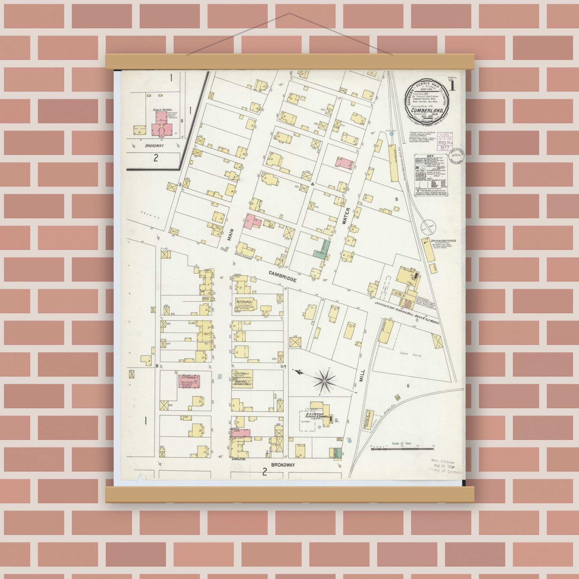 Old map wall art mockup — magnetic wood frame on brick wall — Sanborn Fire Insurance Map from Cumberland, Guernsey County, Ohio (1901), Sheet #0001