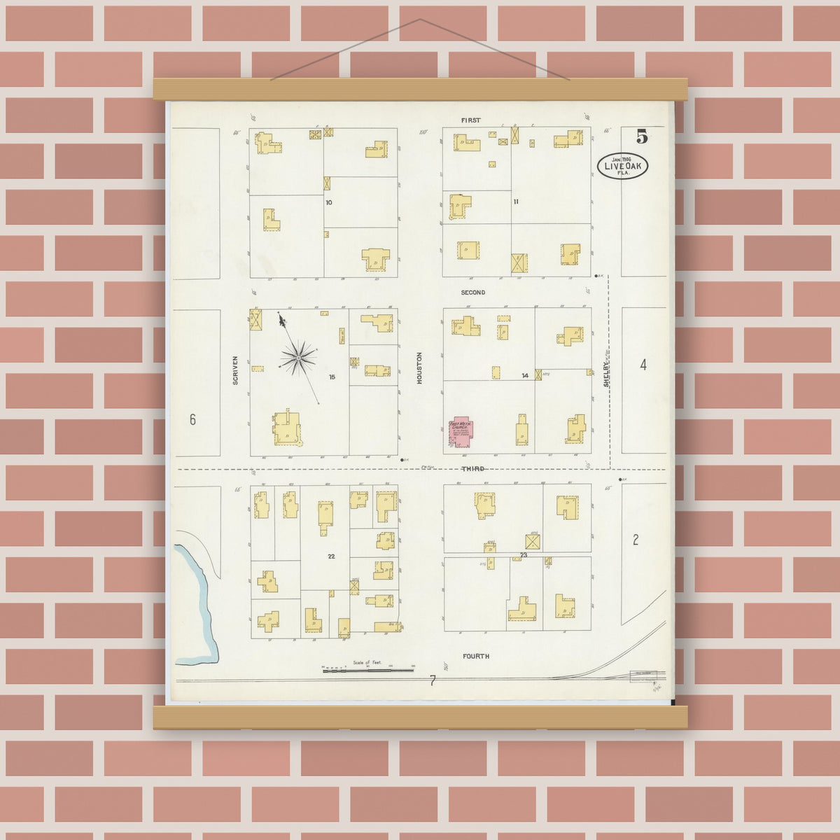 Old map wall art mockup — magnetic wood frame on brick wall — Sanborn Fire Insurance Map from Live Oak, Suwanee County, Florida (1906), Sheet #0005