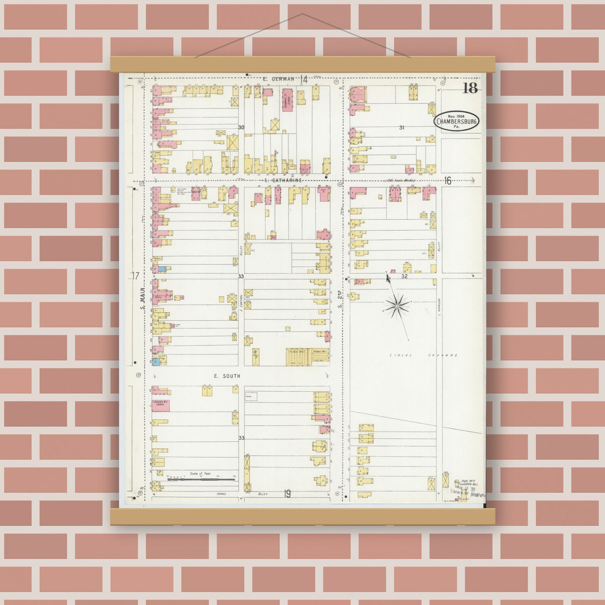 Old map wall art mockup — magnetic wood frame on brick wall — Sanborn Fire Insurance Map from Chambersburg, Franklin County, Pennsylvania (1904), Sheet #0018